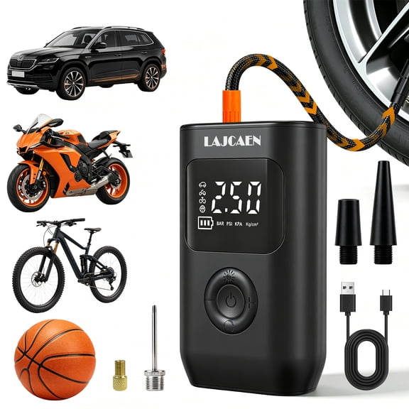 LAJCAEN A5 Tire Inflator Portable Air Compressor 150 PSI Cordless Mini Air Bike Auto Shut-Off Pump with Digital Display Pressure Gauge Fast Inflation & LED Light for Car Tires Motorcycles Bikes Ball