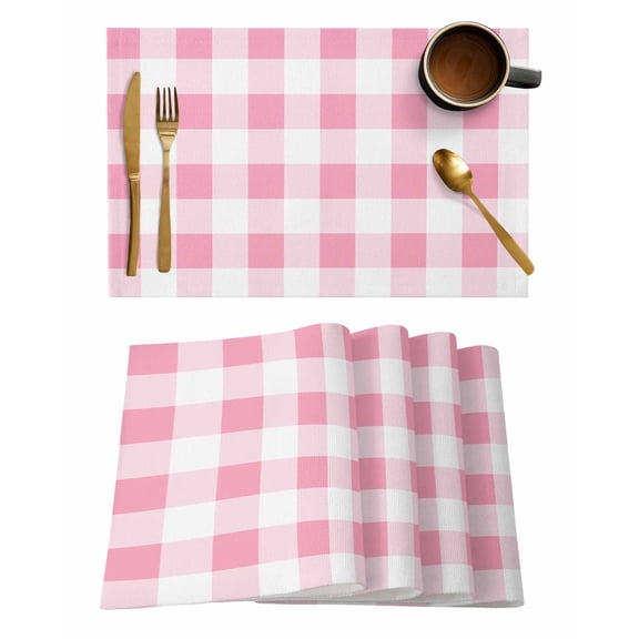Pink Checkered Placemats Set of 4, Pink White Buffalo Plaid Placemats for Dining Table, Place Mats for Kitchen Tabletop, Waterproof Wipeable Dining Table Mats Set
