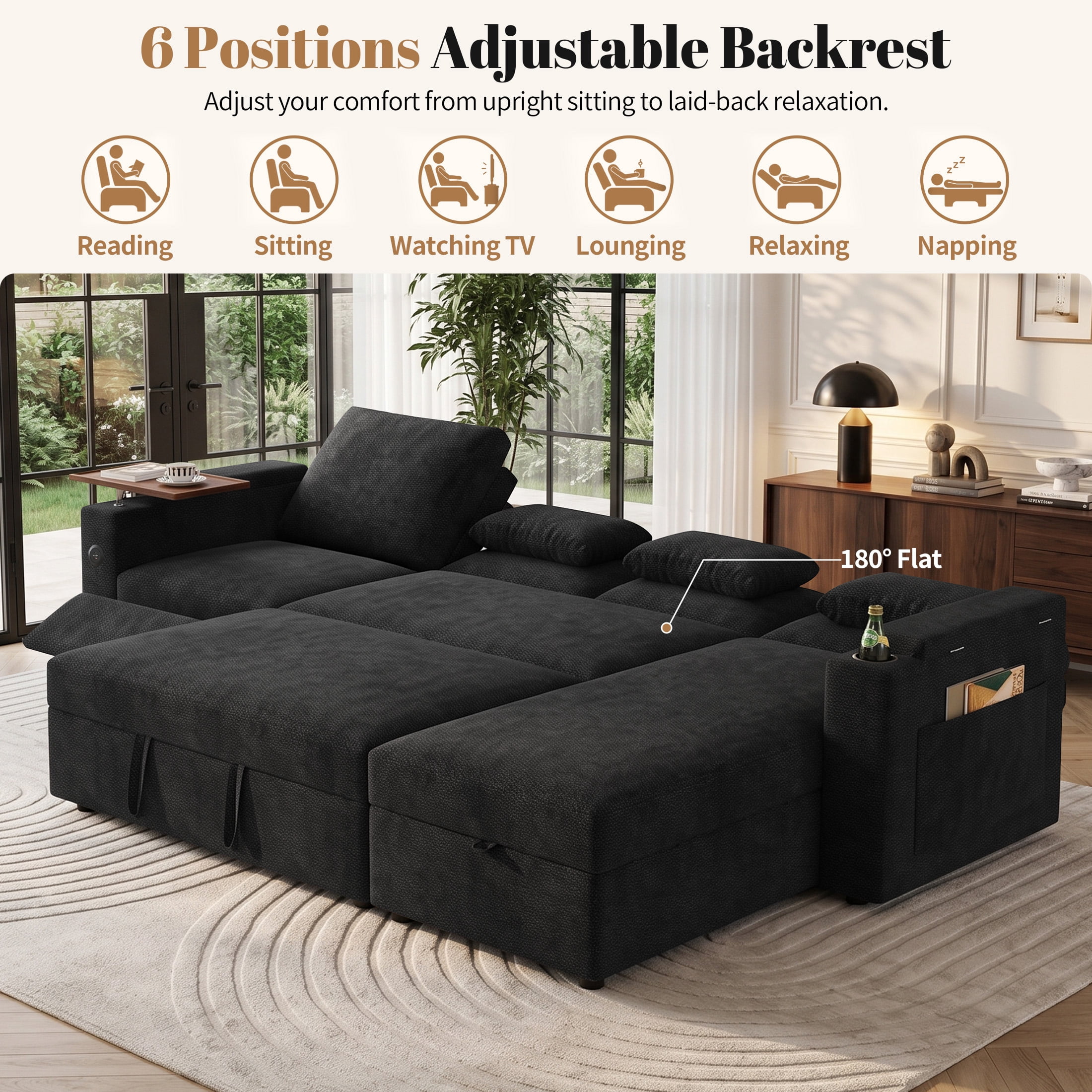 Aenkyo 108" L-Shaped Sectional Sleeper Sofa with Pull Out Bed, Recliner and Storage Chaise, Black