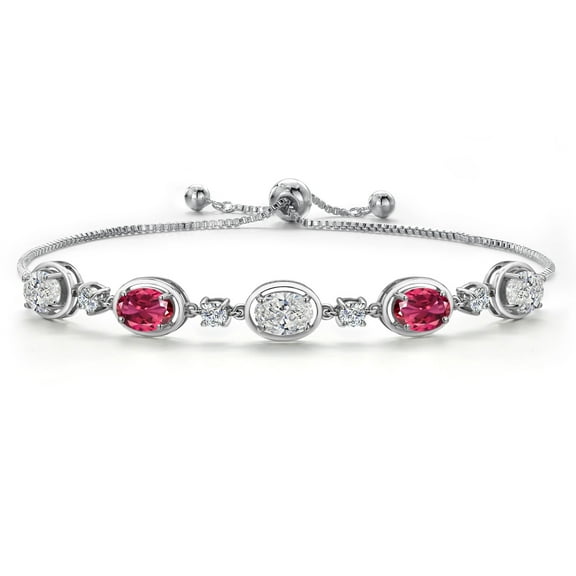 Gem Stone King 925 Sterling Silver White Lab Grown Diamond and Pink Tourmaline Bracelet for Women | 3.80 Cttw | Gemstone April Birthstone | Oval 7X5MM | Fully Adjustable 9 inch