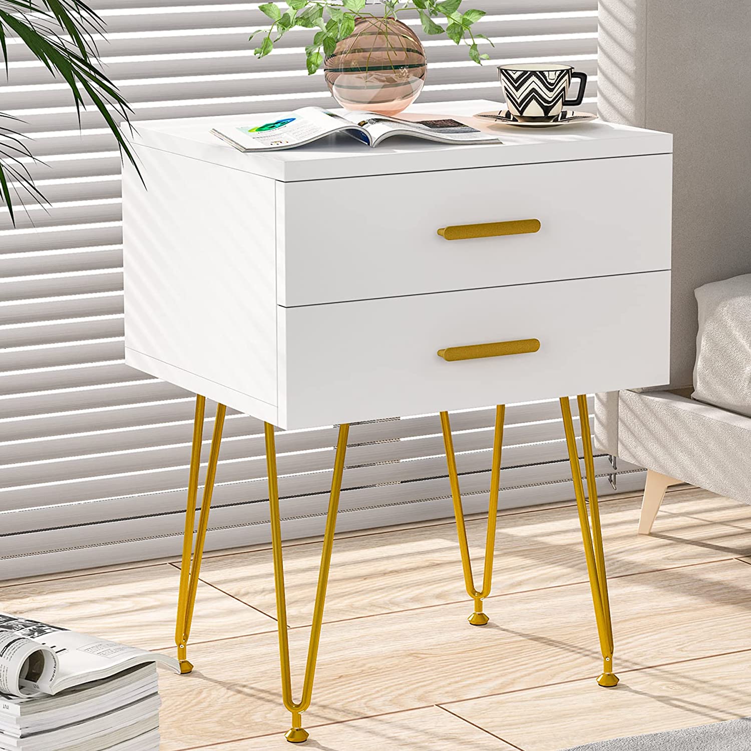 Tribesigns White Gold Nightstand with 2 Drawers, Wooden Night Stands