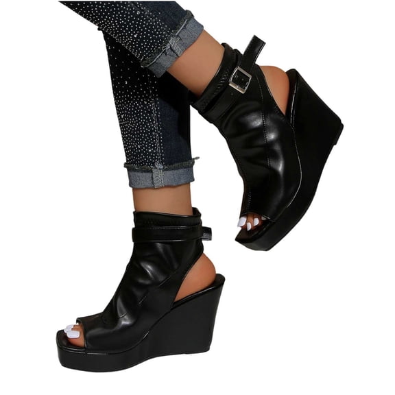 Miqool Women's Open Toe Wedge Sandal Booties Heeled Adjustable Buckle Strap Platform Ankle Sandals Summer Beach Party Dress Sandals