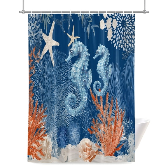 Shower Curtains for Bathroom-36"x72",Navy Blue Seahorse Ocean Coral Waterproof Bath Curtain Grommet Shower Curtain Set with Hooks