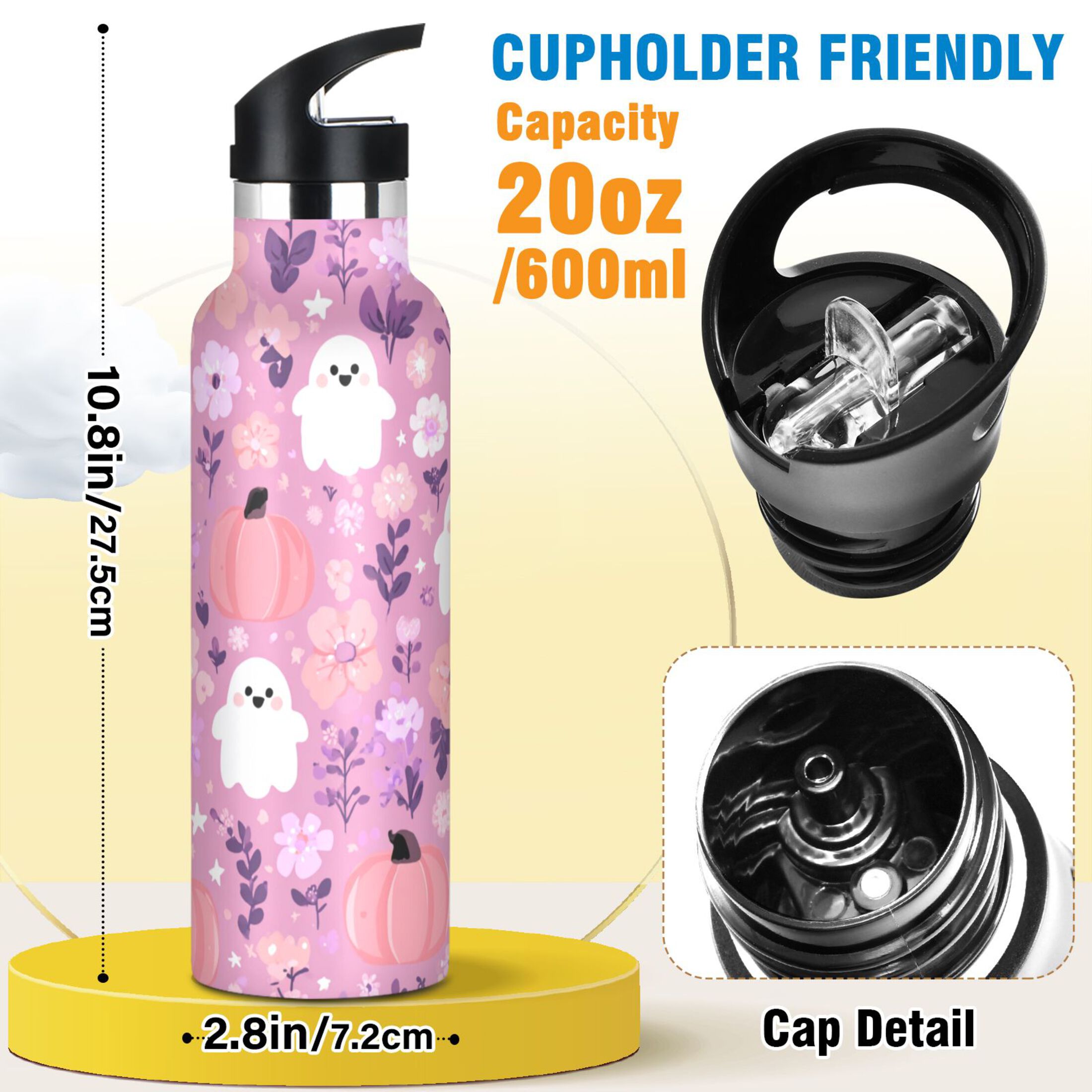 Kids Insulated Stainless Steel Sports Water Bottle 600ml (20oz) Pink Pastel Cute Halloween Pattern