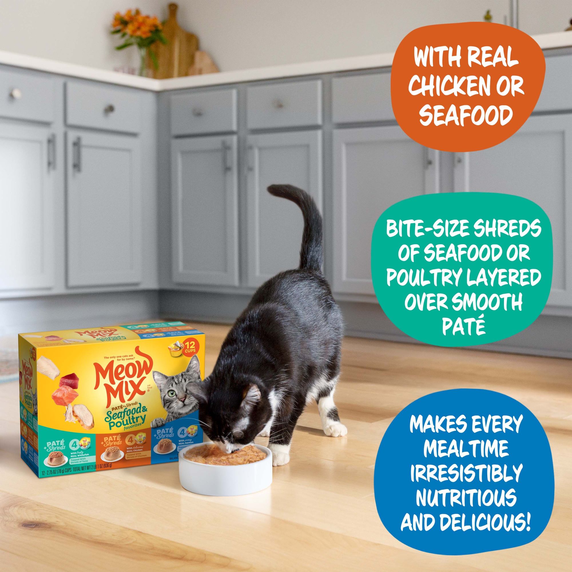 Meow Mix Pate Toppers Seafood & Poultry Variety Pack Wet Cat Food, 12 Cups - image 3 of 8