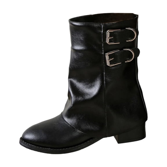 O-048 Black Ladies Winter Mid Calf Boots Round Toe Buckle Knight Style Stacked Mid Heel Casual Booties Fashion Trend