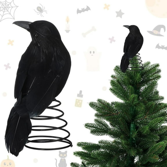 Taotanxi Halloween Crow Tree Topper for Mini Christmas Trees - Spooky Black Feathered Raven Ornament for Halloween Party Decor and Themed Home Supplies
