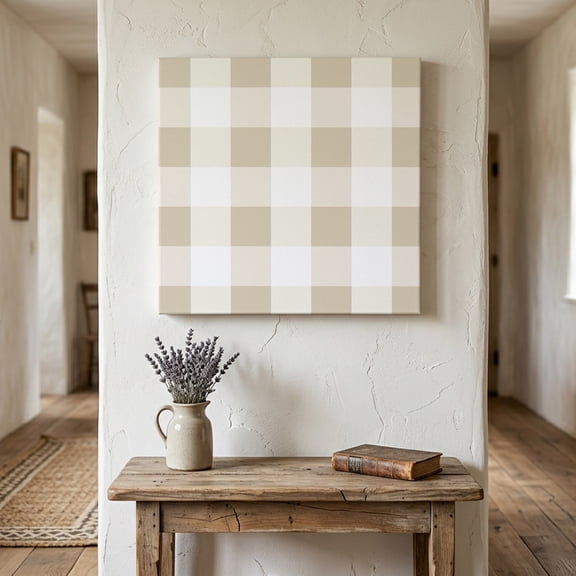 Ships Next Day Canvas Wall Art 10"x10", Beige Plaid Wood Framed Canvas Print Painting, Spring Summer Farmhouse Buffalo Checkered Ready to Hang Small Picture Wall Decor for Home Kitchen Nursery Office