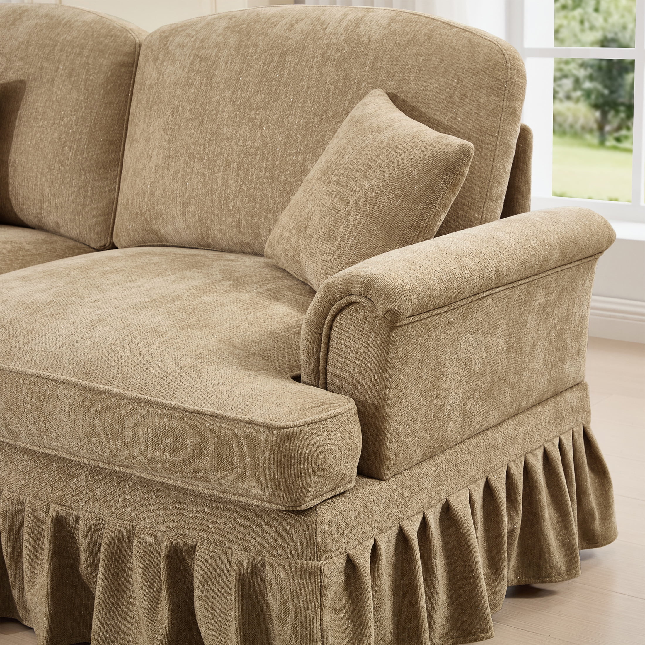 Noble House L-Shaped 2-Seater Sofa with Flared Arms, Removable Pleated Skirt, Spindle Legs, Chenille, Movable Ottoman, Light Coffee