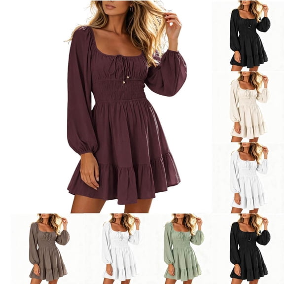 Bxsruta Womens Dress Long Sleeve Square Neck Casual Mini Dresses Flowy Ruffle Hem Sundress