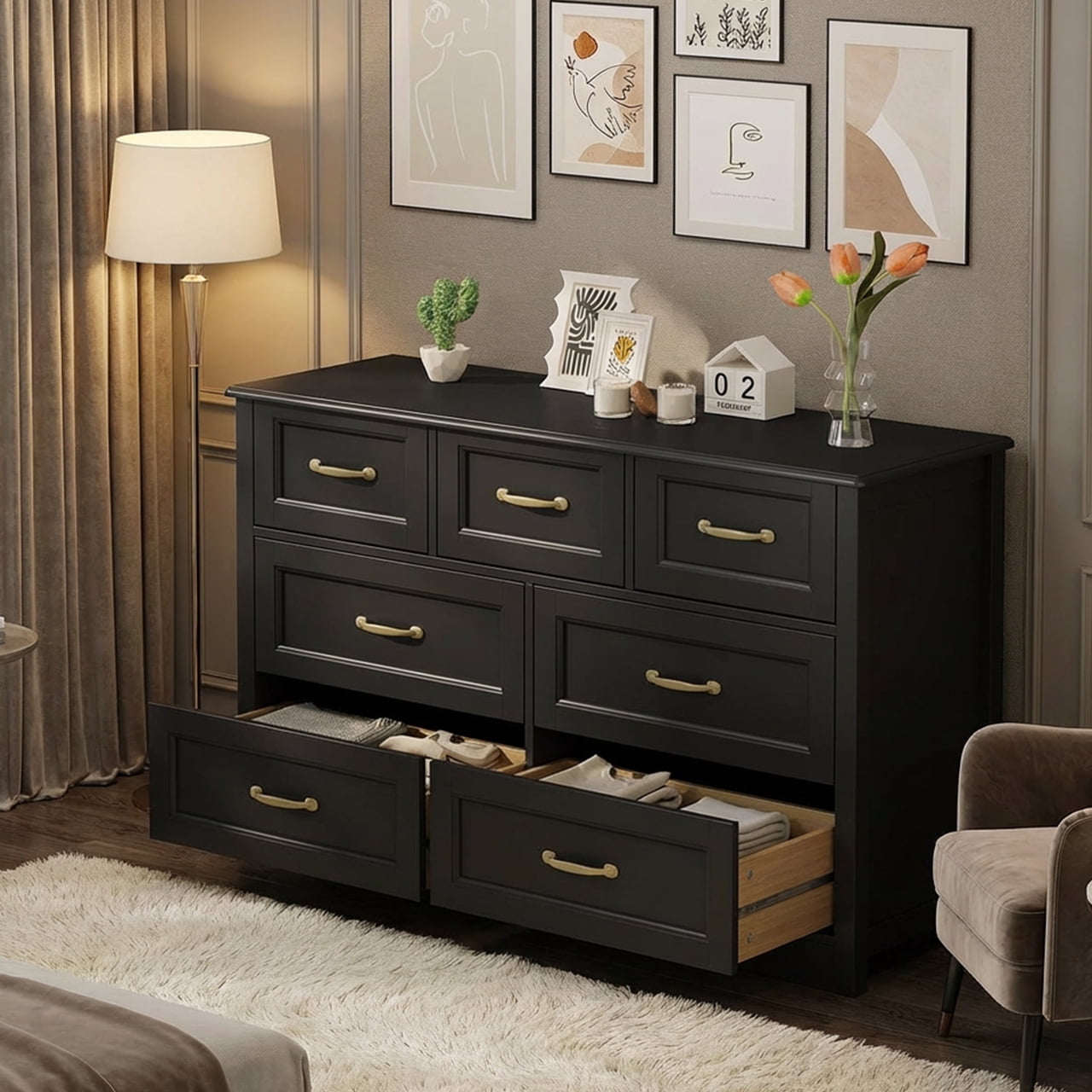 Aiho Extra-Wide 7-Drawer Wood Storage Dresser Chest, 47" Modern Cabinet Organizer with Safety Anti-Tip Hardware for Bedroom Living Room Hallway, Elegant Black Finish Aiho Extra-Wide 7-Drawer Wood Storage Dresser Chest, 47" Modern Cabinet Organizer with Safety Anti-Tip Hardware for Bedroom Living Room Hallway, Elegant Black Finish - Image 7