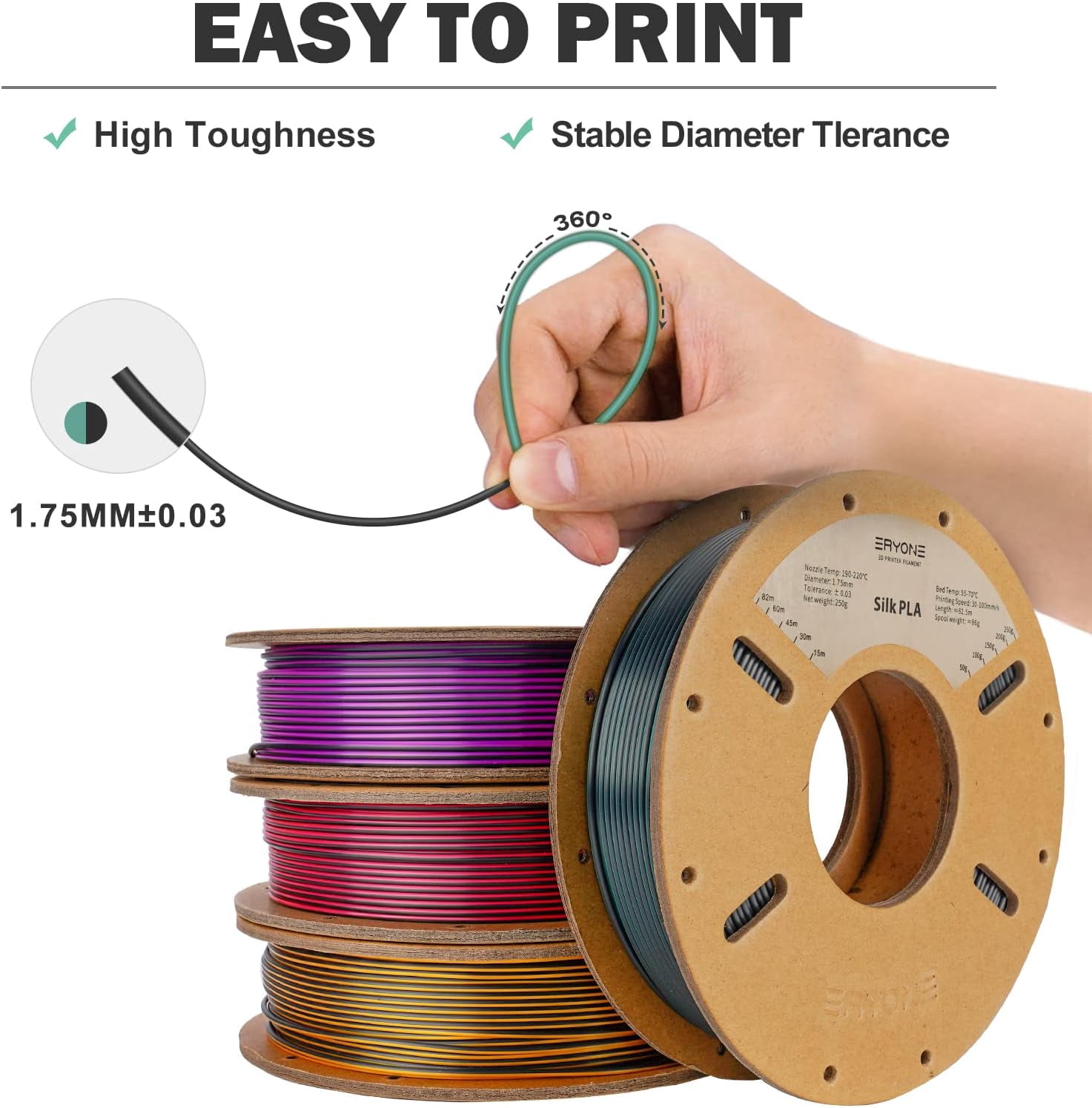 Silk Tri-Color Coextrusion PLA Filament, 3D Printer 1.75mm +/- 0.03mm, Triple Color 0.25kg/Spools, 4Pack(2.2lbs), Red/Gold/Black, Gold/Purple, Blue/Purple, Red/Blue/Green