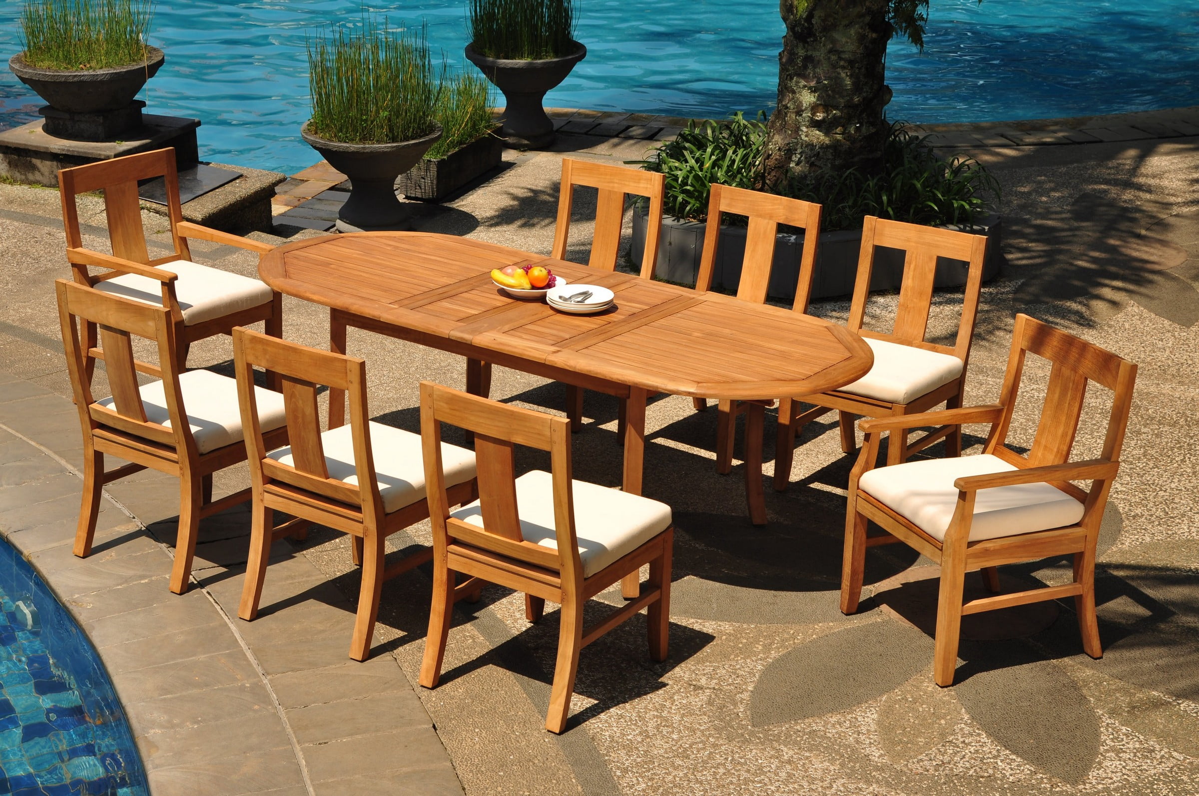 Grade-A Teak Dining Set: 8 Seater 9 Pc: 94" Double Extension Oval Table ...