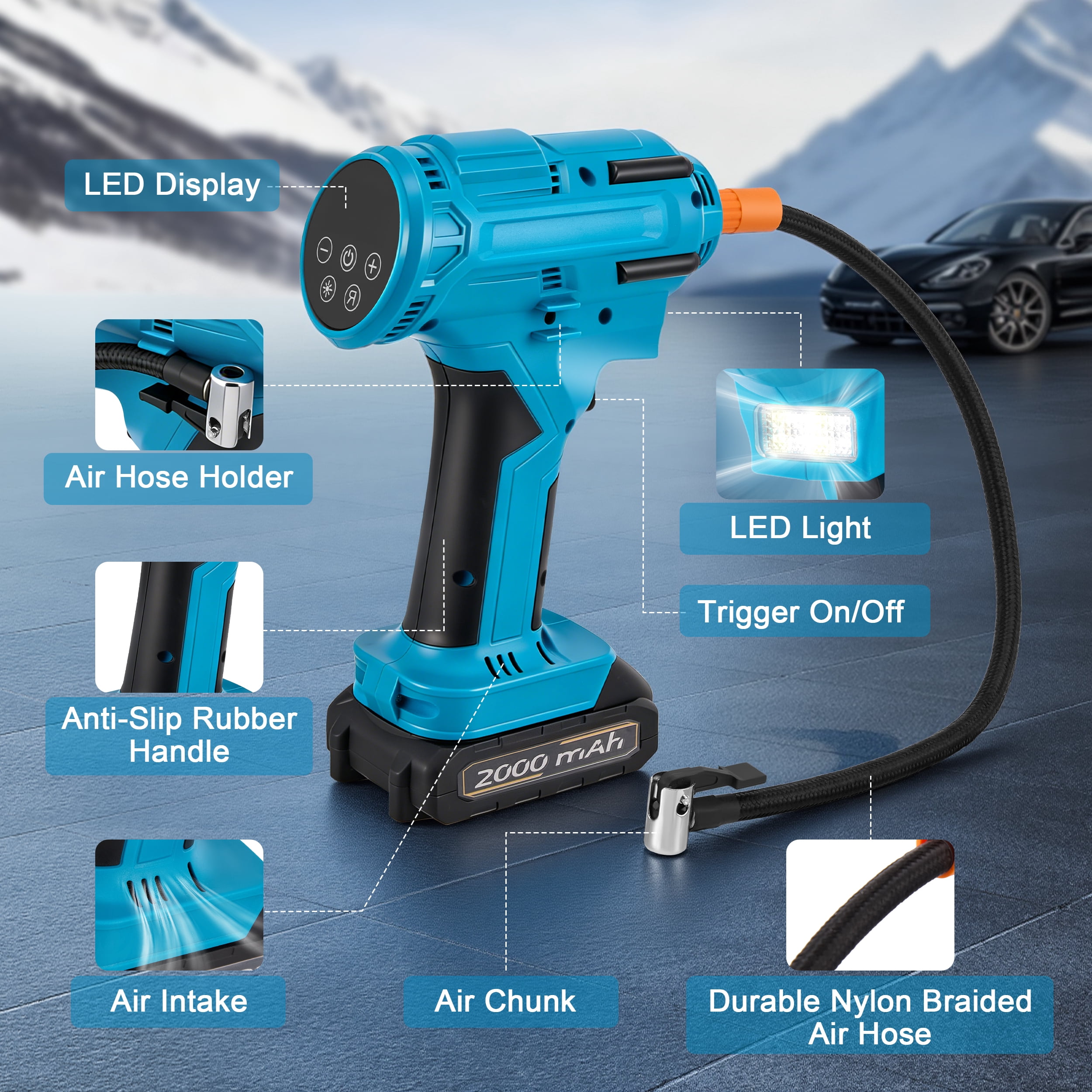 RELOIVE Tire Inflator Portable Air Compressor,150 Psi Air Pump with 2x2000mAh battery,Digital Pressure Gauge, LED Light and Auto Shut-Off Function,Cordless Pump for Car, Motorcycle, Bicycle, Balls