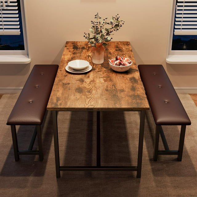 BeesClover Dining Table with 2 Benches, Dining Room Table Set for 4, Kitchen Table with 2 Upholstered Benches Rectangular Space Saving for Apartment, Dining Room, Kitchen, 44.5 Inches Large