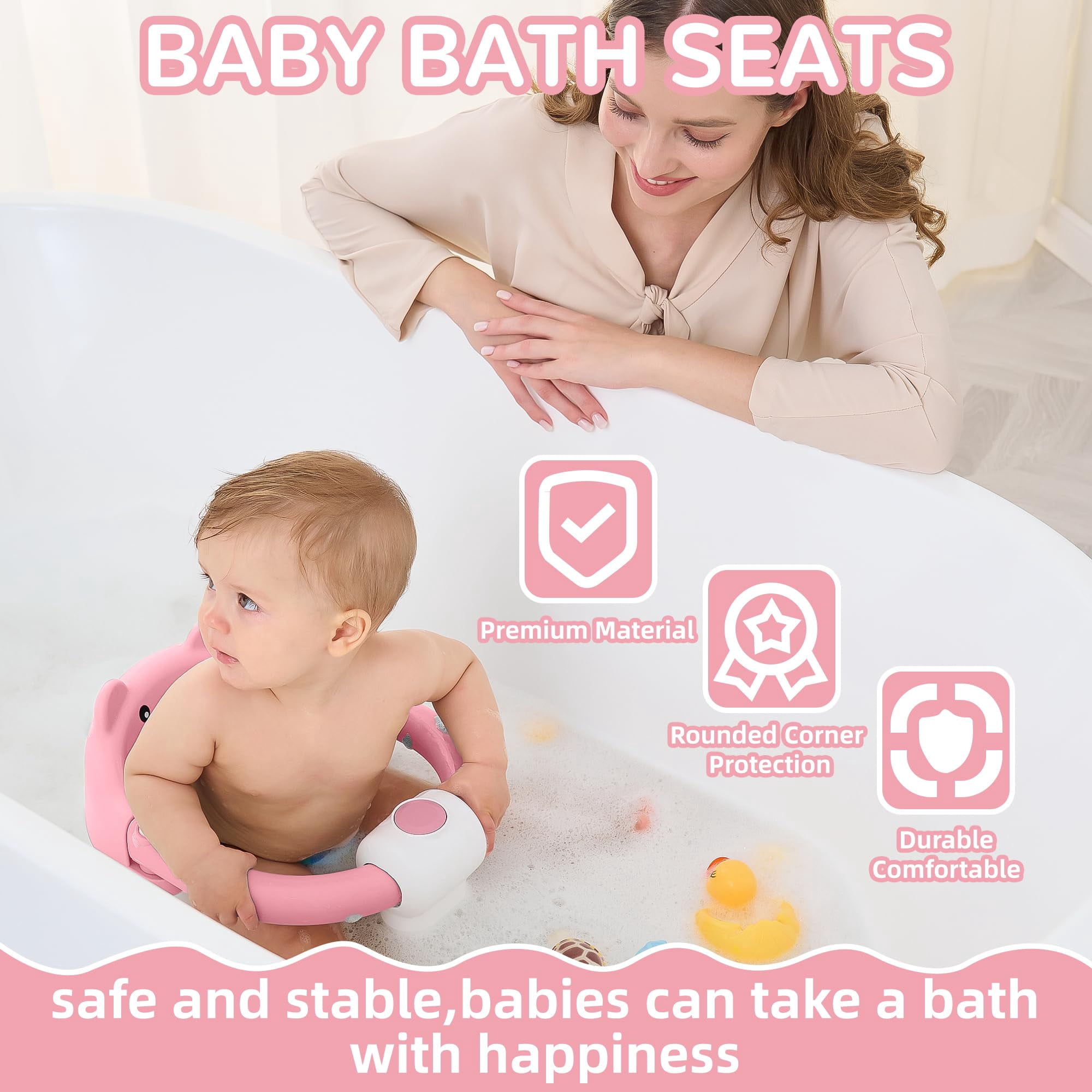 Soluxeo Baby Bath Seat for Babies 6 Months & up, Non-Slip Toddler Bath Seats for Babies Sitting Up with 4 Suction Cups & Soft Cushion for Shower(Pink)