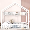thumbnail image 2 of House Bed with Storage Shelves, Wooden Full Size Montessori Bed Frame with Safety Guardrails and Roof, Multifunctional Floor Bed for Children Boys Girls, No Box Spring Needed, White, 2 of 7
