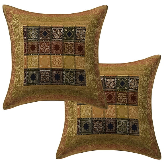 Stylo Culture Ethnic Sofa Throw Pillow Covers 16x16 Jacquard Gold Traditional 40 x 40 cm Home Decor Brocade Floral Zippered Square Cushion Covers | Set Of 2