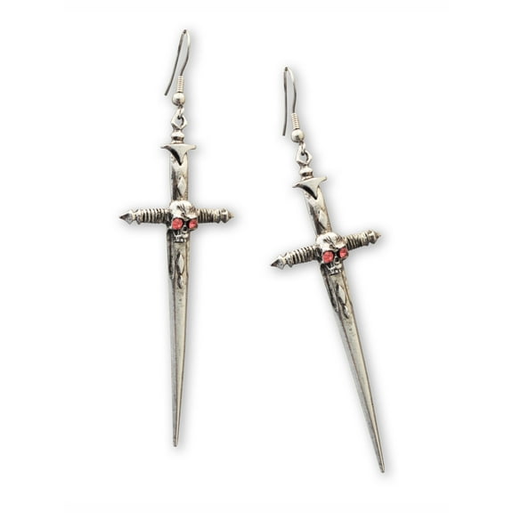 Gothic Skull on Sword Medieval Renaissance Pewter Earrings by Real Metal #1028