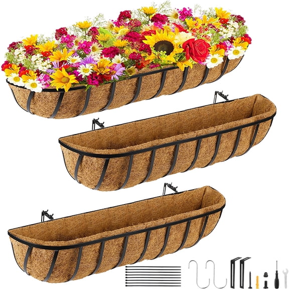 3Pack 24in Window Boxes Deck Baskets with Coconut Liner Railing Planter Hanging Flower Planter for Indoor Outdoor