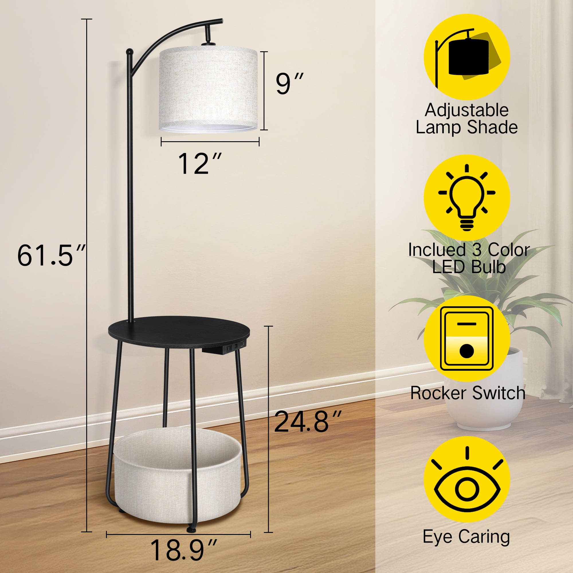 OUTON Floor Lamp with Table, End Table with Lamp for Living Room with USB & Type C Charging Port, Dimmable Lamps for Nightstand Attached for Bedroom, Black