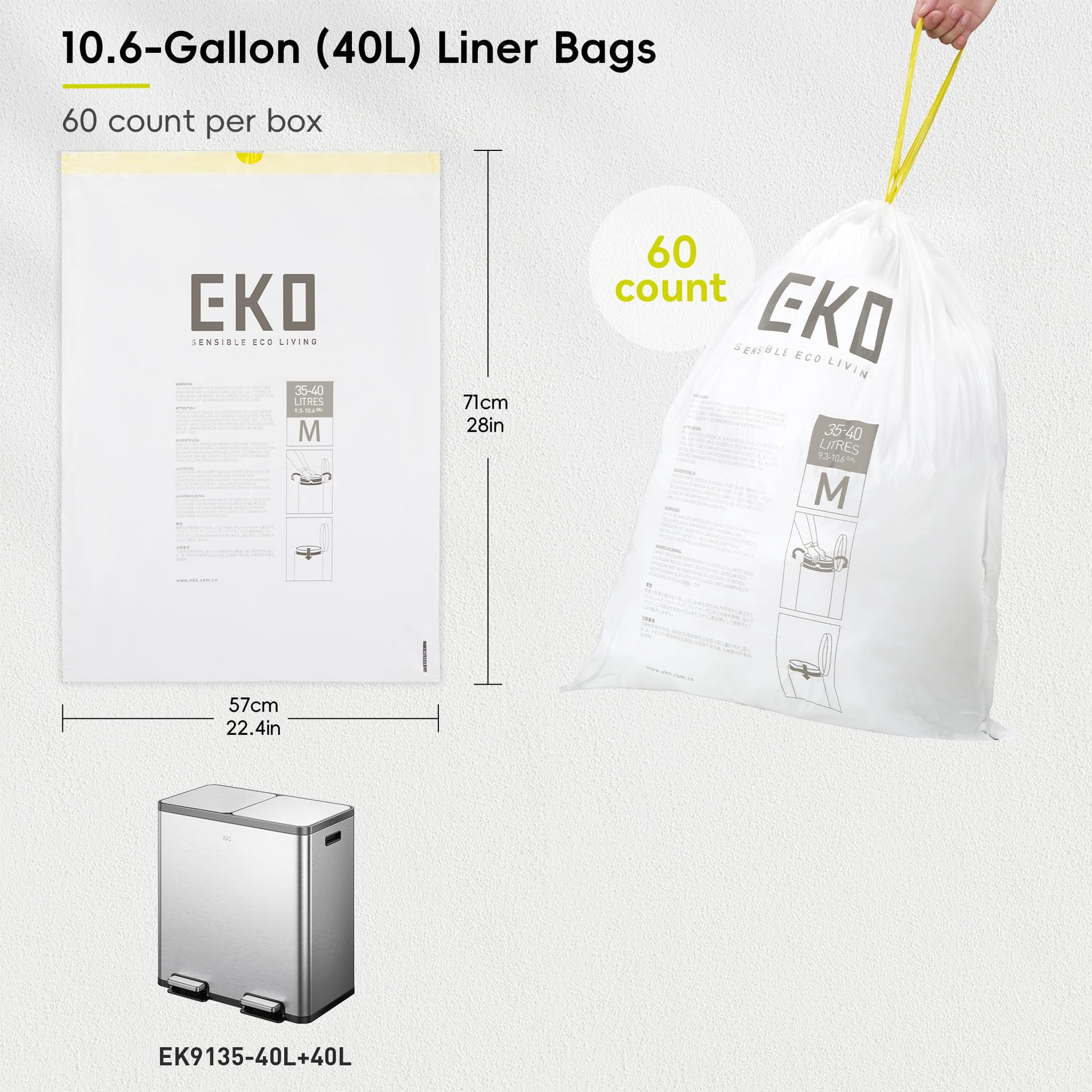 Eko 10.6 Gallon / 35-40 Liter Drawstring Trash Bags  60 Count Heavy-duty Tall Kitchen Garbage Can Liners Extra-strong Leak-resistant Unscented White Code M