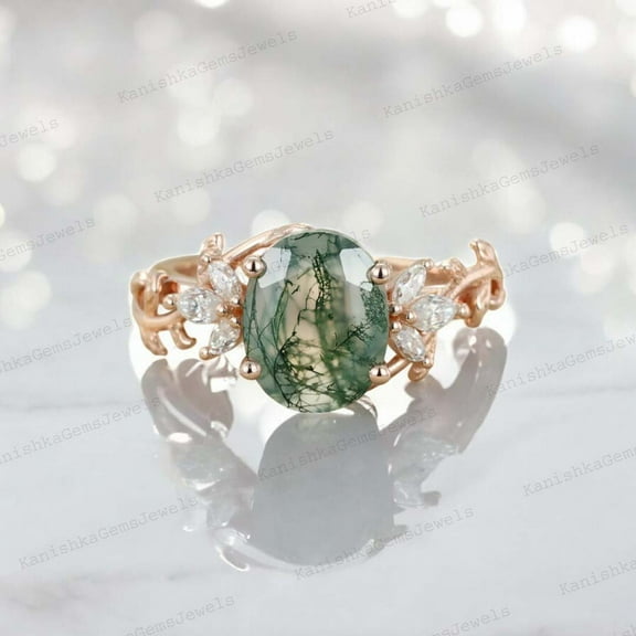 KANISHKAGEMS&JEWELS 2Ct 8x6mm / Natural Moss Agate Engagement Ring CZ Diamond Twig Ring Nature Inspired Women Jewelry Proposal Gift Ring for Lover