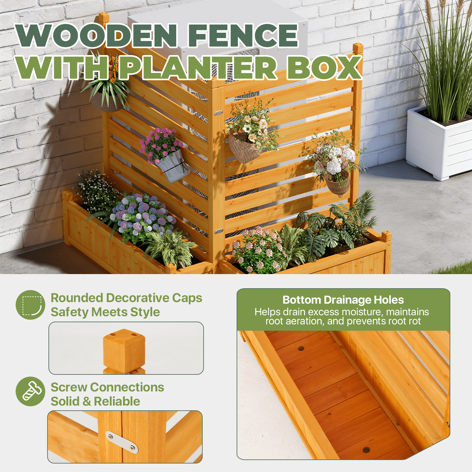 BaPiPro 2-Panel Wooden Planter Fence with Built-in Flower Boxes, Natural Wood Finish for Outdoor Privacy Screen