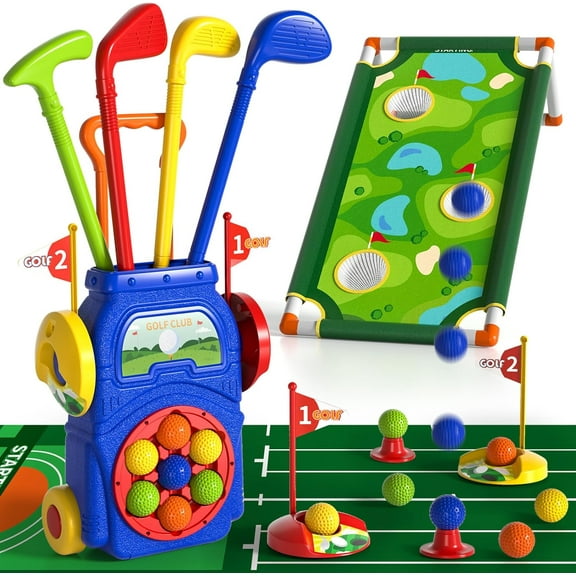 Anpro 2 in 1 Golf Toy Set for Kids, Toddler Golf Clubs Set with 10 Balls, Cornhole Board & Putting Mat, Golf Game Indoor Outdoor Sport Toys for Boys Girls 3 