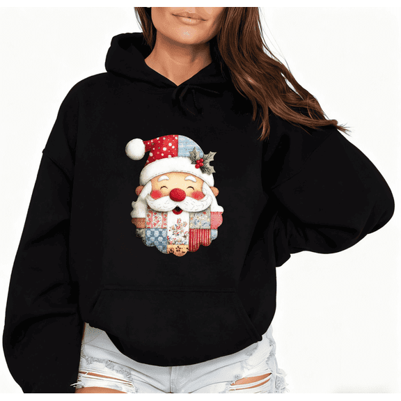 Women's Retro Patchwork Santa Holly Graphic Cotton Hooded Long-Sleeved Sweatshirt Black S-2XL