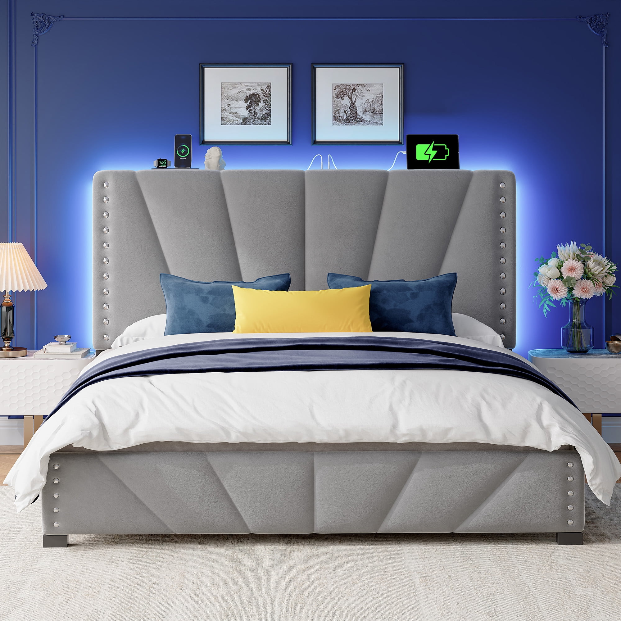 Upholstered Bed Frame with Headboard Queen Size Bed Frame with Charging Station & LED Lights & Storage,Gray