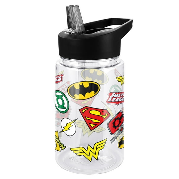 Justice League Kids Tritan Plastic Water Bottle with Straw Lid and Handle, Reusable Tumbler for Toddlers, Unisex for Girls and Boys, 12oz, Justice League Symbols