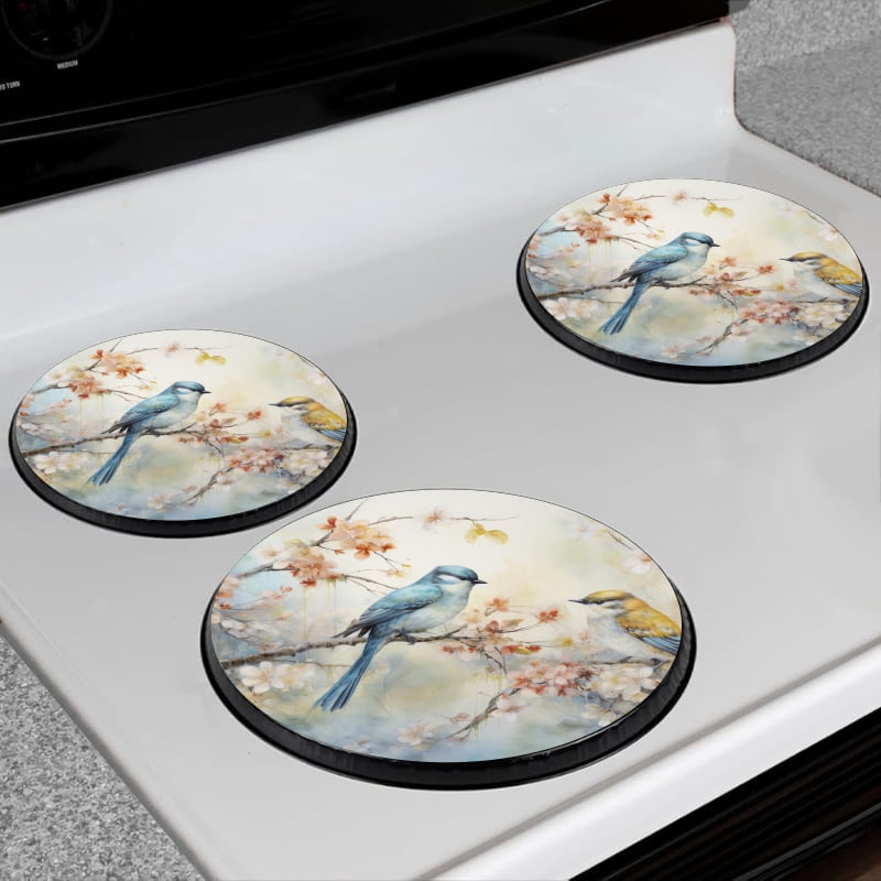 Bahomeck Electric Stove Burner Covers Set Of 4,Two Birds With Blue And Yellow Feathers Perched On Cherry Blossoms Metal Gas Stove Burner Covers,Protecting Gas Stoves,8 Inch And 10 Inch