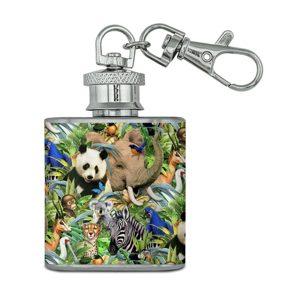 Animal World Panda Elephant Cheetah Pattern Stainless Steel 1oz Mini Flask Key Chain