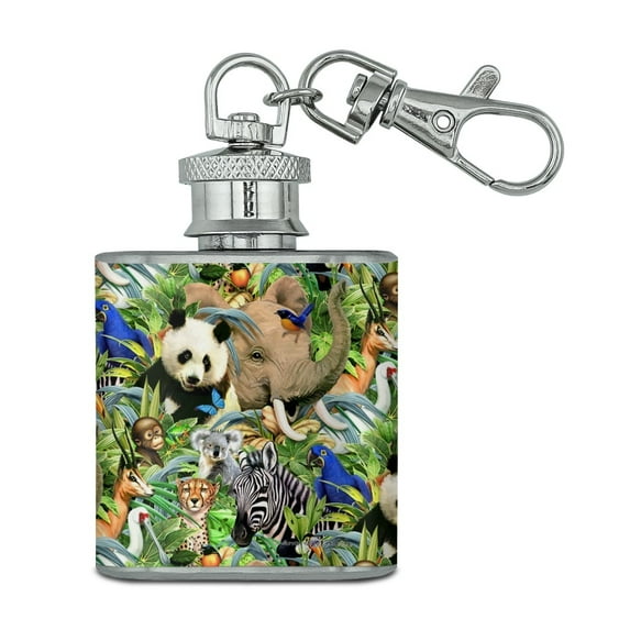 Animal World Panda Elephant Cheetah Pattern Stainless Steel 1oz Mini Flask Key Chain