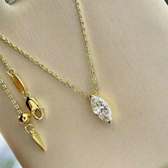 Solitaire Women's Pendant Necklace Marquise Cut Diamond 14K Yellow Gold Plated Silver