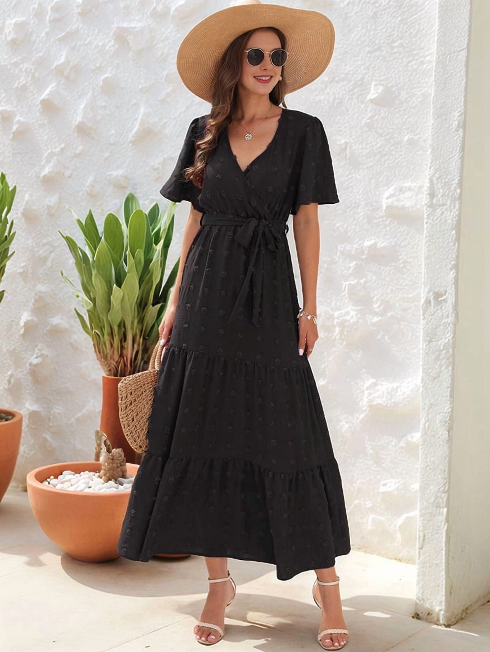 Boho Dot Summer Maxi Dresses for Women Wrap V Neck Short Sleeve Long Flowy Church Wedding Guest Dress Black L