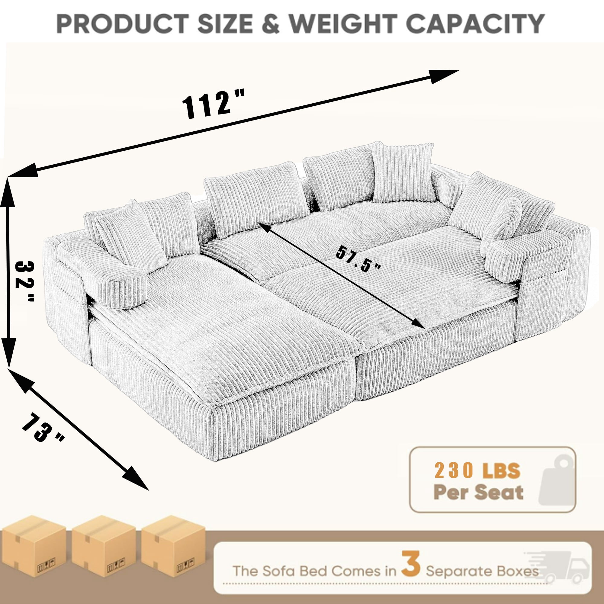 LLappuil Sectional Sofa, Oversized Sectional Couch Convertible Sofa Bed, 6 Seat Corduroy Sofa Couch with Side Pocket for Living Room, No Assembly Beige