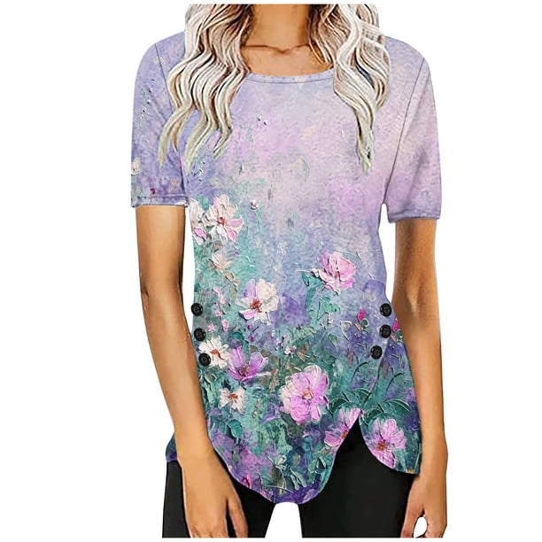 Blusas de Manga Corta para las Mujeres Botón Impreso Cuello Redondo Top Casual, Blusas para las Mujeres Casual