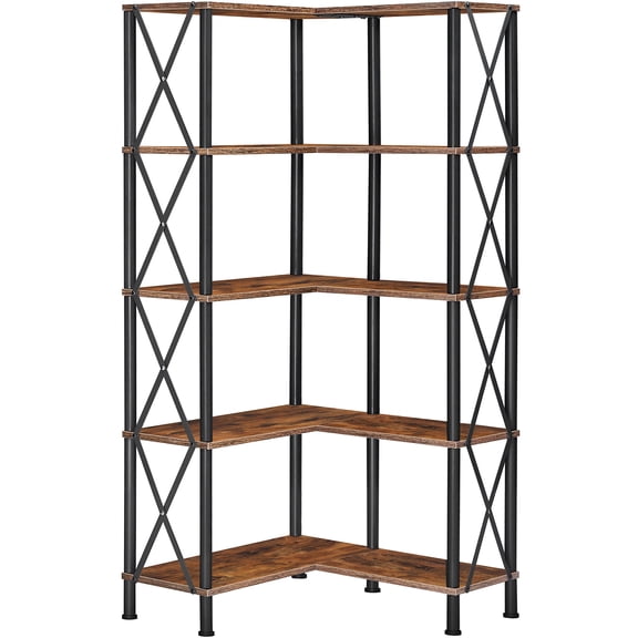 HOOBRO Corner Bookshelf, 5-Tier L-Shaped Bookcase, Industrial Open Display Shelf Tall Storage Organizer, Vertical Storage Rack, for Living Room, Home Office, Rustic Brown and Black BF60SJ01