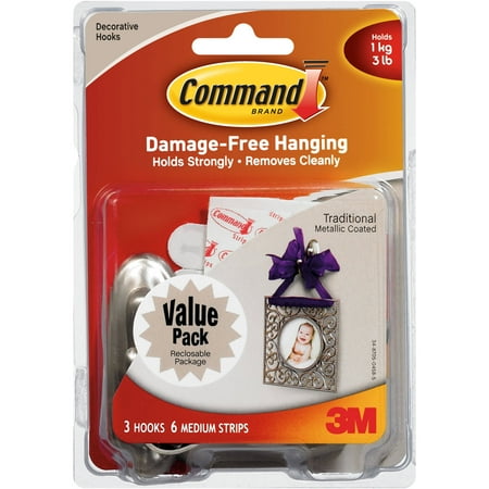 Command Medium Hook, Traditional Brushed Nickel, 3 Hooks, 6 Strips, 17051BN-VP-3PK