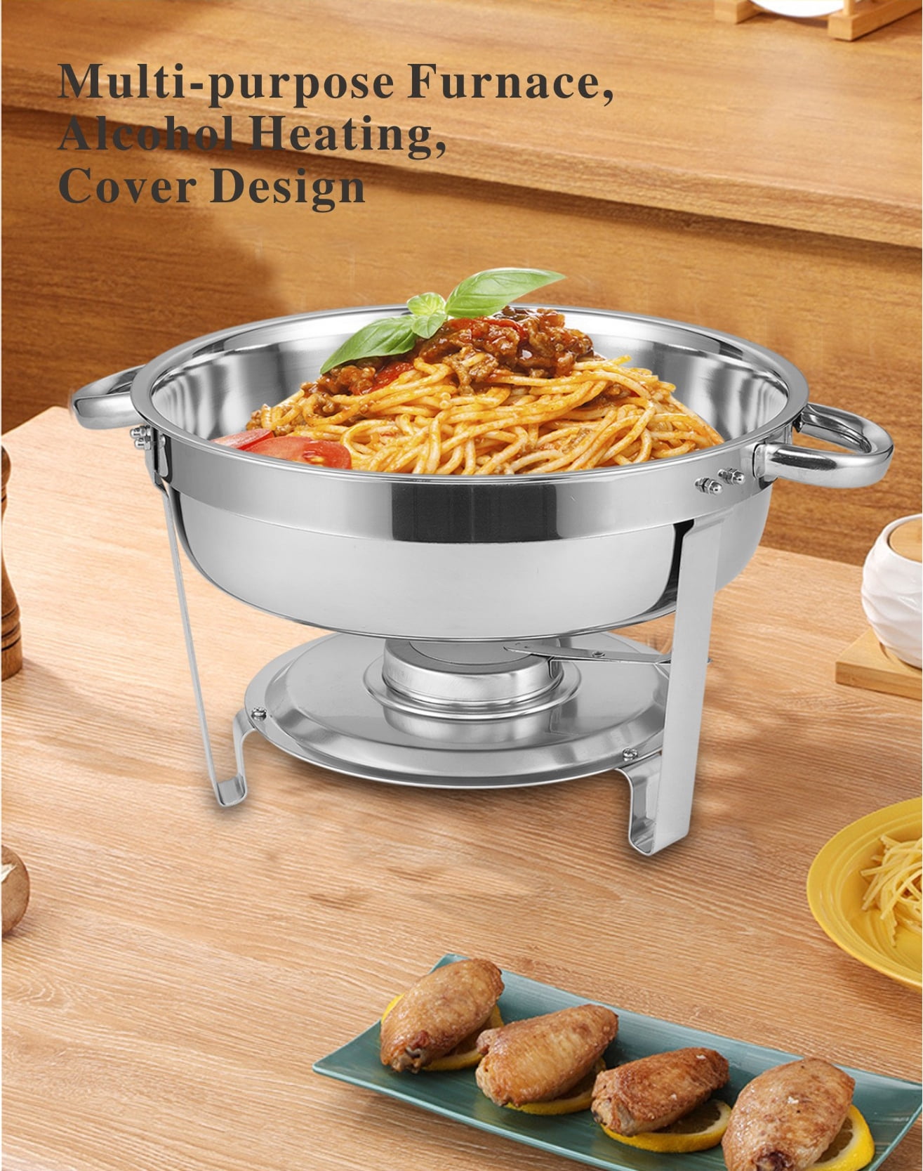 Round Buffet Catering Dish Set of 4 with Stainless Steel Construction, 5-Quart Chafing Dish for Parties and Events, Silver