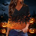 thumbnail image 4 of Trgacdwlo S-5XL Halloween Shirts for Women 2026 Vintage Ghost Pattern V Neck Womens 3/4 Sleeve Tops Fall Cat Pumpkin Print Pullover for Women, 4 of 7