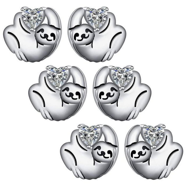 Joyería de Aretes Modernos Slothy1 3 Pzas Aretes OsoPerezoso/Corazón Color Plata Metal.