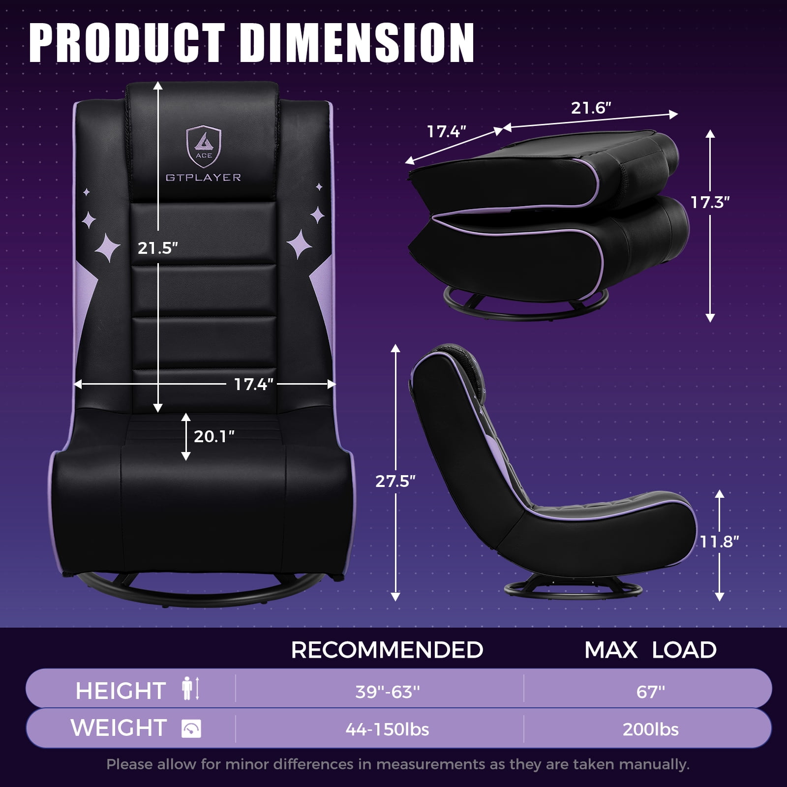 GTPLAYER Swivel Floor Gaming Chairs with Foldable Backrest for Teens,, Purple