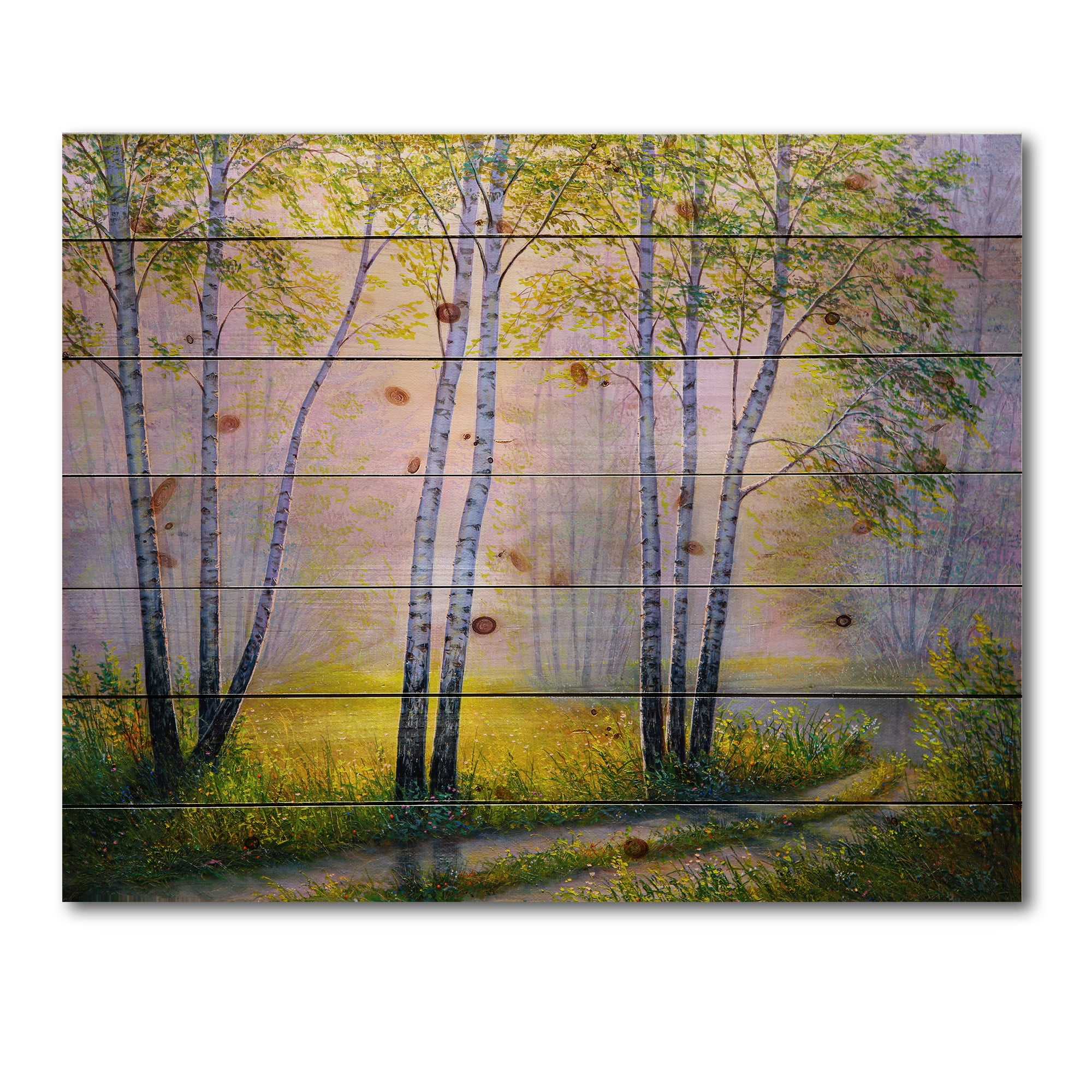 Designart 'Sunrise Glow Through The Birches I' Traditional Print on Natural Pine Wood