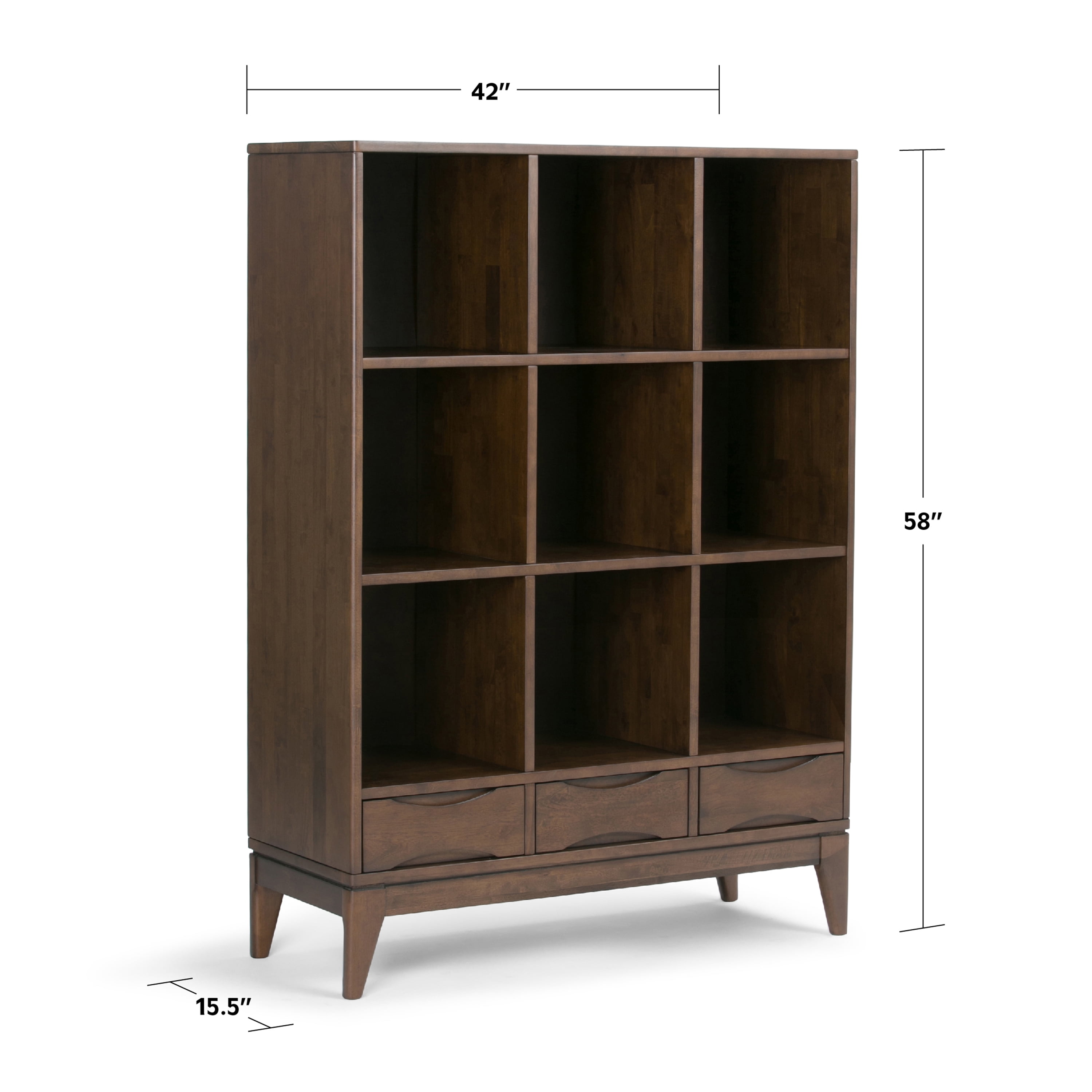 Simpli Home Harper SOLID HARDWOOD 58 inch x 42 inch Mid Century Modern Cube Storage Bookcase with Drawers in Walnut Brown