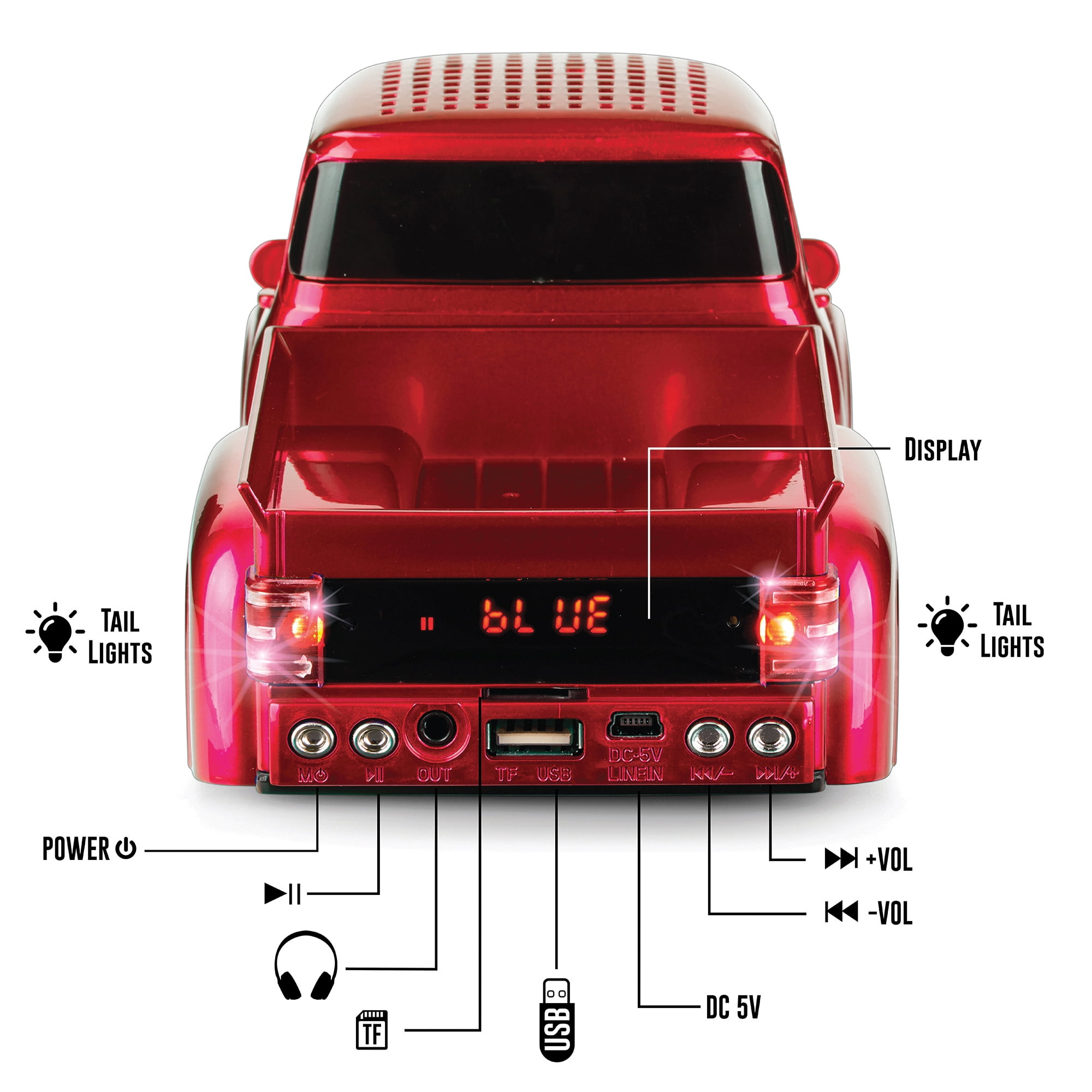 QFX BT-1956 RETRO TRUCK DUAL 2” BLUETOOTH SPEAKER WITH BASS RADIATOR AND ON-THE-GO LED LIGHTS (Red)