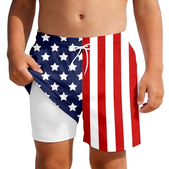 Kids Boys USA 250th Anniversary Stars and Stripes Print Swim Trunks Knee Length Double Layer Design Patriotic Theme Casual Summer Beach Shorts Blue 5 Years-6 Years