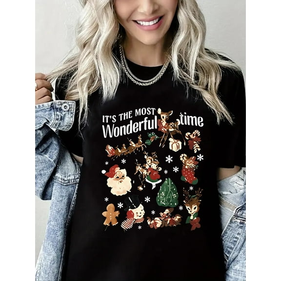 Women Christmas Tshirt Santa Snowman Reindeer Graphic Shirt Casual Crewneck Short Sleeve Black Top